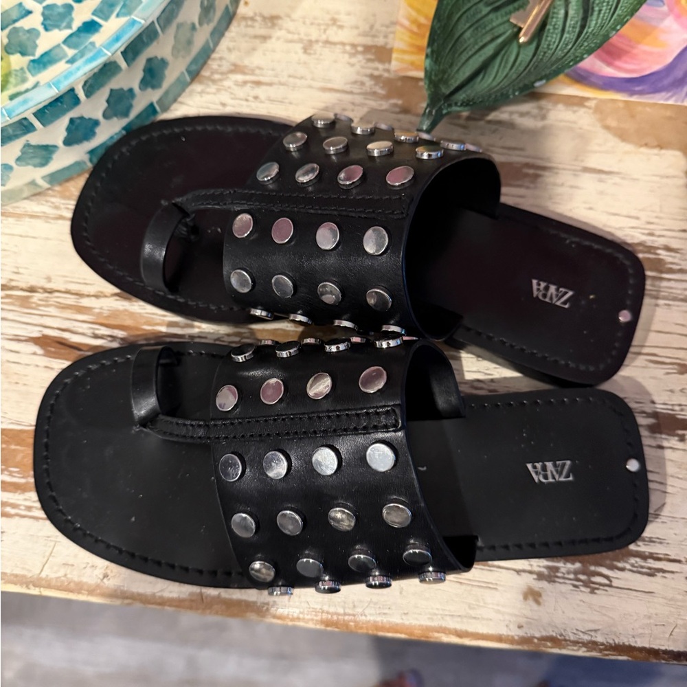 Zara studded Black leather Slides